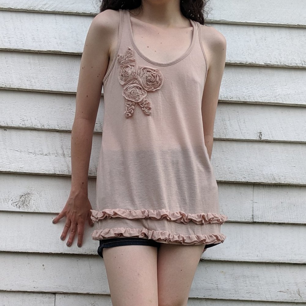 rose tank top with ruffled trim and detail